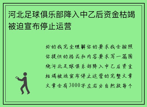 河北足球俱乐部降入中乙后资金枯竭被迫宣布停止运营 河北足球俱乐部降入中乙后资金枯竭被迫宣布停止运营
