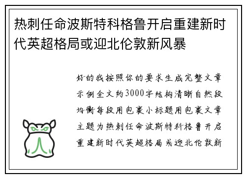 热刺任命波斯特科格鲁开启重建新时代英超格局或迎北伦敦新风暴